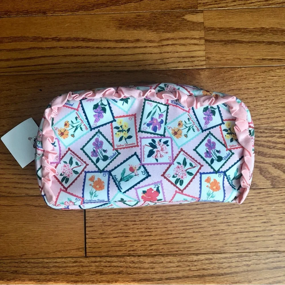 Lancome Pink Floral Stamp Ruffle Coated Canvas like Pouch Cosmetic Bag NWT